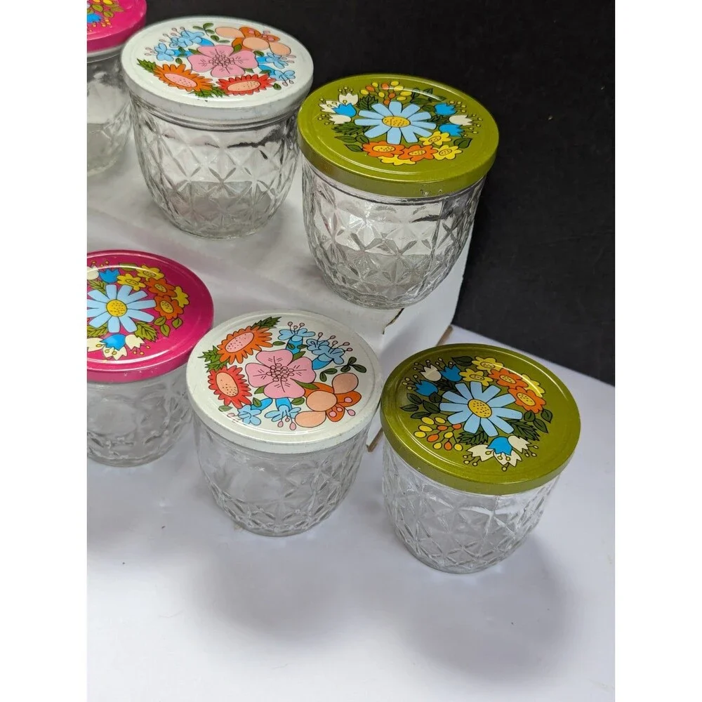 VTG 8 Ball Quilted Crystal Glass Jelly Jars with Metal Flower Lids 1970s
